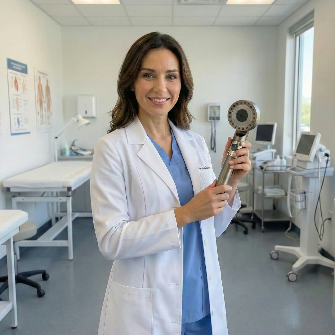 Dermatóloga sosteniendo el cabezal de ducha AquaPure
